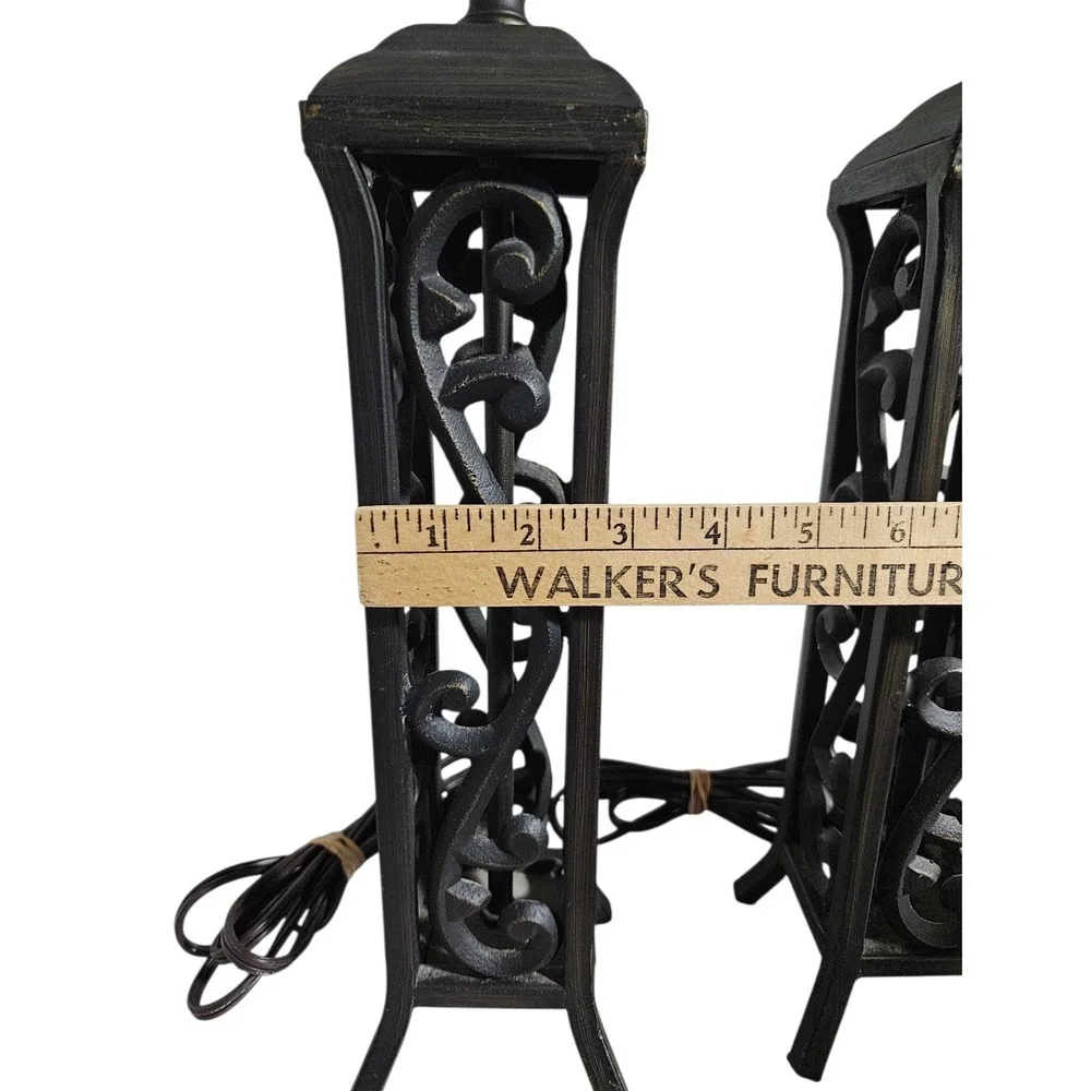 Pair Vintage Black Wrought Iron Table Lamps Gothic Spanish Revival Scrollwork